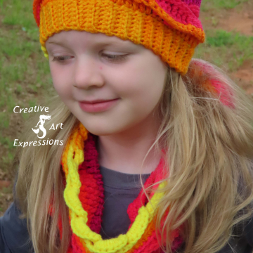 Crocheted Youth 6-10 years Ear Warmer & Infinity Scarf Set in Sunset Sea, range, yellow, hot pink, deep purple Sea Breeze Collection, Unique Gifts, Handmade, Handmade Fashion, Mermaid at Heart, Ocean Crochet,