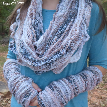 Crocheted Sea Breeze Infinity Scarf & Long Fingerless Gloves Adult Teen Set, Tan, Brown, Dark Gray, Almond, Sea Breeze Collection, Unique Gifts, Handmade Winter Scarf & Glove Set, Handmade Fashion, Mermaid at Heart, Ocean Crochet, Unique