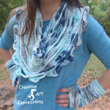 Crocheted Sea Breeze Infinity Scarf & Fingerless Gloves Adult Teen Set, White, Aqua, Navy, Gray, Sea Breeze Collection, Unique Gifts, Handmade Winter Scarf & Glove Set, Handmade Fashion, Mermaid at Heart, Ocean Crochet, Unique
