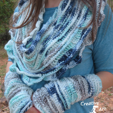 Crocheted Sea Breeze Infinity Scarf & Fingerless Gloves Adult Teen Set, White, Aqua, Navy, Gray, Sea Breeze Collection, Unique Gifts, Handmade Winter Scarf & Glove Set, Handmade Fashion, Mermaid at Heart, Ocean Crochet, Unique