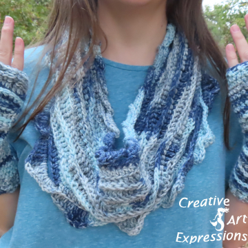 Crocheted Sea Breeze Infinity Scarf & Fingerless Gloves Adult Teen Set in Float Along, Aqua, Navy, Gray,  Sea Breeze Collection, Unique Gifts, Handmade Winter Scarf & Glove Set, Handmade Fashion, Mermaid at Heart, Ocean Crochet, Unique