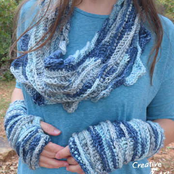 Crocheted Sea Breeze Infinity Scarf & Fingerless Gloves Adult Teen Set in Float Along, Aqua, Navy, Gray,  Sea Breeze Collection, Unique Gifts, Handmade Winter Scarf & Glove Set, Handmade Fashion, Mermaid at Heart, Ocean Crochet, Unique