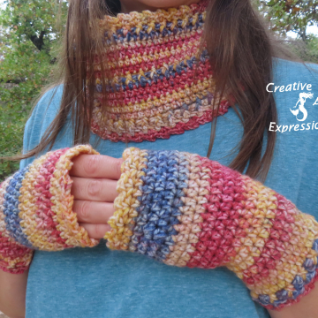 Crocheted Red Blue & Yellow Infinity Scarf & Fingerless Glove Set, Adult Teen, Autumn Glove & Scarf Set, Fall Colors Scarf & Glove Set, Unique