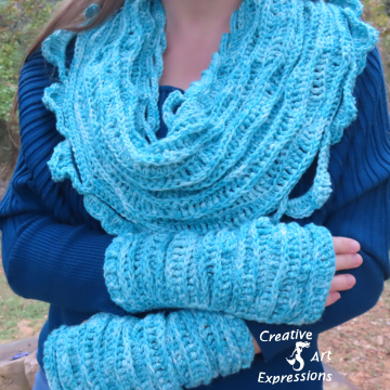 Crocheted Sea Breeze Infinity Scarf & Fingerless Gloves Adult Teen Set, Topaz Sea, Aqua, Light Blue, White, Sea Breeze Collection, Unique Gifts, Handmade Winter Scarf & Glove Set, Handmade Fashion, Mermaid at Heart, Ocean Crochet, Unique