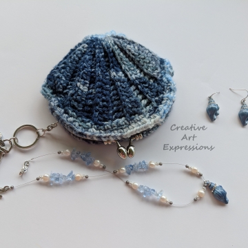 Seashell Clam Coin Purse Keychain, Crocheted, Blue & Silver Seashell Necklace Earring Jewelry Set, Celestial Blue Casa Satin Lined, Mermaid Necessities, Bridal Jewelry, Bridesmaids gifts,  Unqiue Teen or Women Girl Gift, Ready to Ship,