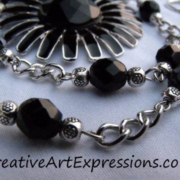 Clearance-Was $20.00 Now $10.00 Creative Art Expressions Handmade Black & Silver Zinnia Necklace Jewelry Design