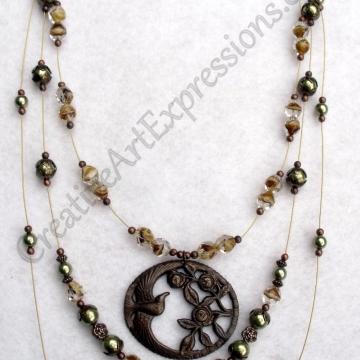 Clearance-Was $35.00 Now $25.00 Creative Art Expressions Handmade Brown Green & Brass 3 Strand Bird Necklace Jewelry