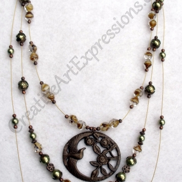 Clearance-Was $35.00 Now $25.00 Creative Art Expressions Handmade Brown Green & Brass 3 Strand Bird Necklace Jewelry Clearance-Was $35.00 Now $25.00 Creative Art Expressions Handmade Brown Green & Brass 3 Strand Bird Necklace Jewelry