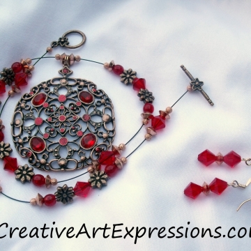 Creative Art Expressions Handmade Red & Antique Copper Necklace & Earring Set Jewelry Design