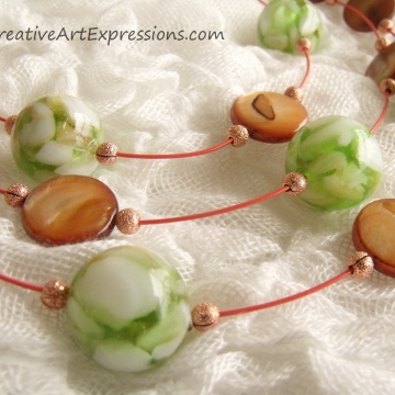 Creative Art Expressions Handmade Green & Brown Mother of Pearl 3 Strand Necklace & Earrings Jewelry Design