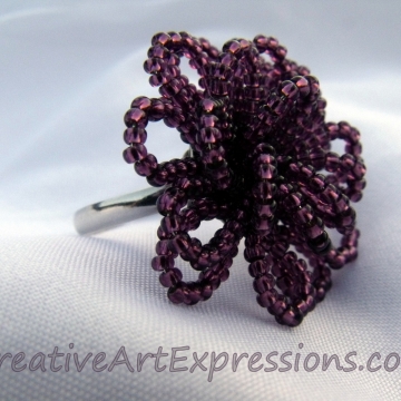Creative Art Expressions Handmade Amethyst Seed Bead Flower Ring Jewelry Design