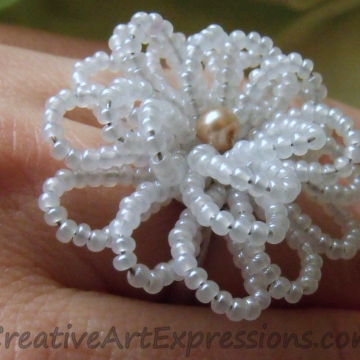 Creative Art Expressions Handmade White Seed Bead Flower Ring Jewelry Design Creative Art Expressions Handmade White Seed Bead Flower Ring Jewelry Design