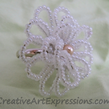 Creative Art Expressions Handmade White Seed Bead Flower Ring Jewelry Design Creative Art Expressions Handmade White Seed Bead Flower Ring Jewelry Design