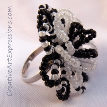 Creative Art Expressions Handmade Black & White Seed Bead Flower Ring Jewelry Design