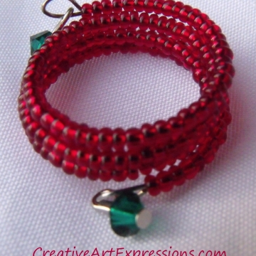 Creative Art Expressions Handmade Red & Green Memory Wire Ring Jewelry Design