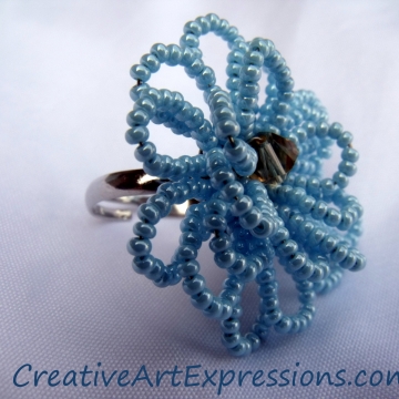 Creative Art Expressions Handmade Baby Blue Seed Bead Flower Ring Jewelry Creative Art Expressions Handmade Baby Blue Seed Bead Flower Ring Jewelry