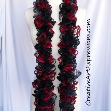 Creative Art Expressions Hand Knitted Red Black & Gray Ruffle Scarf Creative Art Expressions Hand Knitted Red Black & Gray Ruffle Scarf