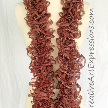 Creative Art Expressions Hand Knitted Cinnamon Metallic Frill Ruffle Scarf