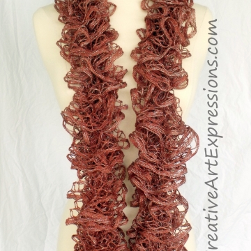 Creative Art Expressions Hand Knitted Cinnamon Metallic Frill Ruffle Scarf Creative Art Expressions Hand Knitted Cinnamon Metallic Frill Ruffle Scarf