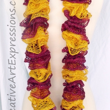 Creative Art Expressions Hand Knitted Gold & Burgundy Ruffle Scarf Creative Art Expressions Hand Knitted Gold & Burgundy Ruffle Scarf