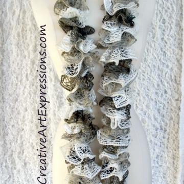 Creative Art Expressions Hand Knitted White Gray & Brown Ruffle Scarf Creative Art Expressions Hand Knitted White Gray & Brown Ruffle Scarf