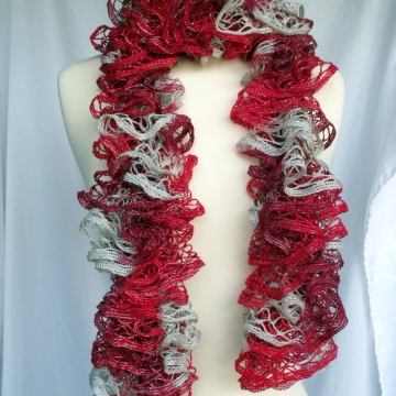 Hand Knitted Crimson Red & Silver Christmas Ruffle Scarf