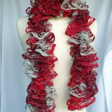 Hand Knitted Crimson Red & Silver Christmas Ruffle Scarf Hand Knitted Crimson Red & Silver Christmas Ruffle Scarf