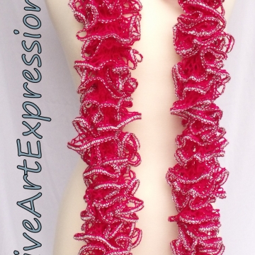 Creative Art Expressions Hand Knit Pink Topaz & Silver Ruffle Scarf