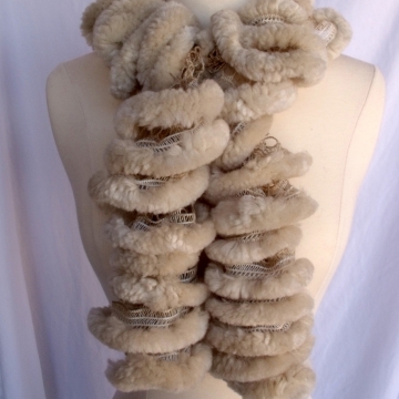 Creative Art Expressions Hand Knitted Furry Beige Ruffle Scarf