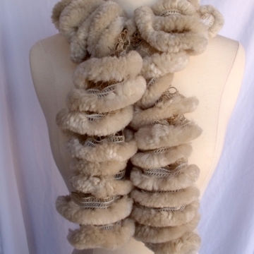 Creative Art Expressions Hand Knitted Furry Beige Ruffle Scarf Creative Art Expressions Hand Knitted Furry Beige Ruffle Scarf