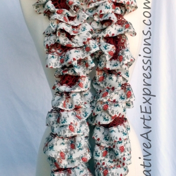 Hand Knitted White Orient Fabric Lined Ruffle Scarves