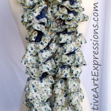 Scarf Knitted Blue Floral Fabric Lined Ruffle
