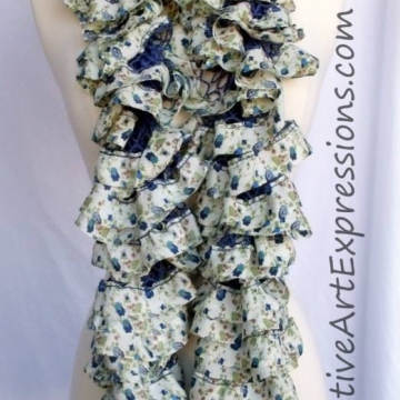 Scarf Knitted Blue Floral Fabric Lined Ruffle Scarf Knitted Blue Floral Fabric Lined Ruffle
