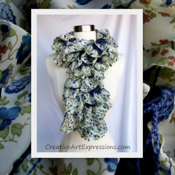 Scarf Knitted Blue Floral Fabric Lined Ruffle