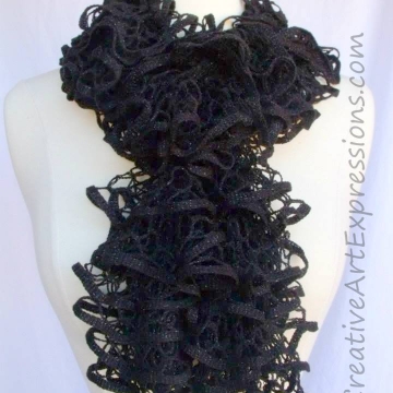 Black Onyx Glam Ruffle Scarf Knitted