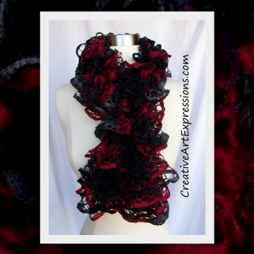 Creative Art Expressions Hand Knitted Red Black & Gray Ruffle Scarf Creative Art Expressions Hand Knitted Red Black & Gray Ruffle Scarf
