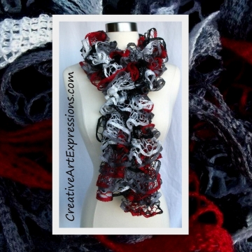 Creative Art Expressions Hand Knitted Red White & Gray Ruffle Scarf
