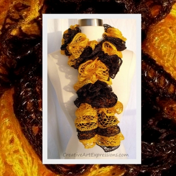 Creative Art Expressions Hand Knitted Black & Gold Ruffle Scarf