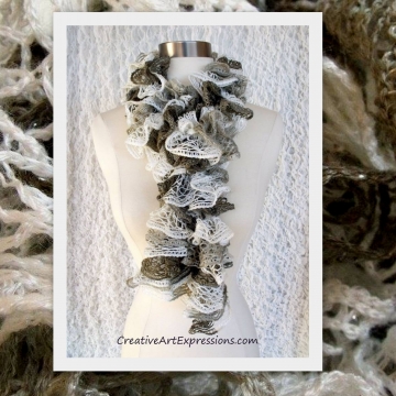 Creative Art Expressions Hand Knitted White Gray & Brown Ruffle Scarf