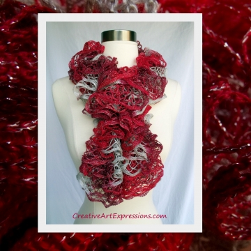 Hand Knitted Crimson Red & Silver Christmas Ruffle Scarf