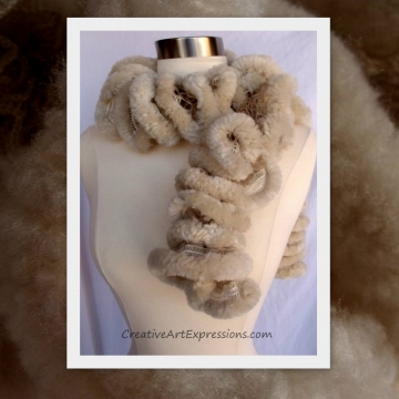 Creative Art Expressions Hand Knitted Furry Beige Ruffle Scarf Creative Art Expressions Hand Knitted Furry Beige Ruffle Scarf