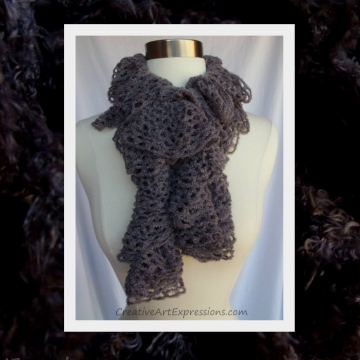 Creative Art Expressions Hand Knit Gray Frill Lace Soft Ruffle Scarf Creative Art Expressions Hand Knit Gray Frill Lace Soft Ruffle Scarf