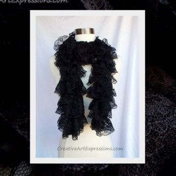 Creative Art Expressions Hand Knit Black Lace Ruffle Scarf Creative Art Expressions Hand Knit Black Lace Ruffle Scarf