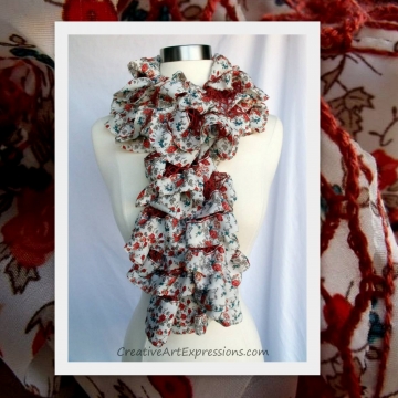 Hand Knitted White Orient Fabric Lined Ruffle Scarves