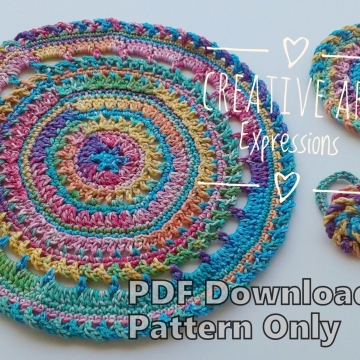Round Elegant Place Mat Set Crochet Pattern, Coasters, Rose Napkin Rings, PDF Downloadable Pattern, Video Tutorials, Picture Tutorials, Crochet Pattern