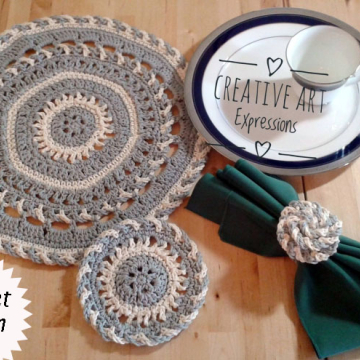 Round Elegant Place Mat Set Crochet Pattern, Coasters, Rose Napkin Rings, PDF Downloadable Pattern, Video Tutorials, Picture Tutorials, Crochet Pattern