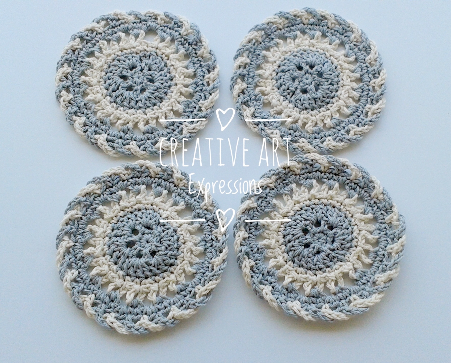 4 Gray & Ivory Round Fancy Cotton Coasters