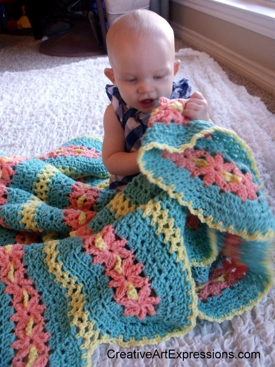 Creative Art Expressions Hand Crocheted Turquoise, Yellow & Coral Flower Baby Blanket
