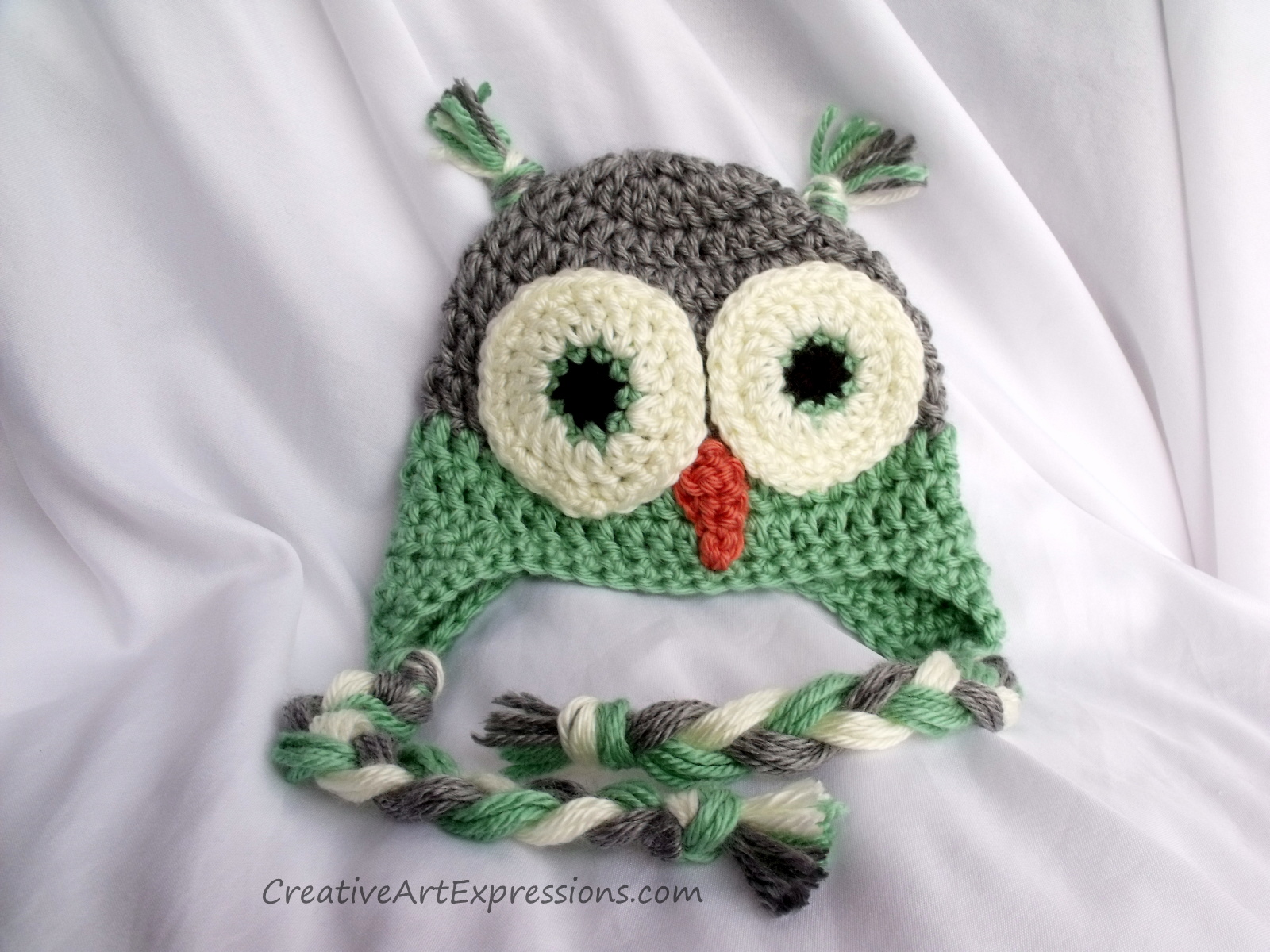 Creative Art Expressions Hand Crocheted Green & Gray Owl Newborn Hat