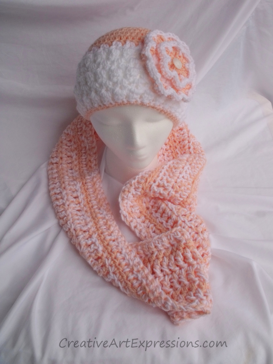 Creative Art Expressions Hand Crocheted Peach & White Hat & Infinity Scarf Set